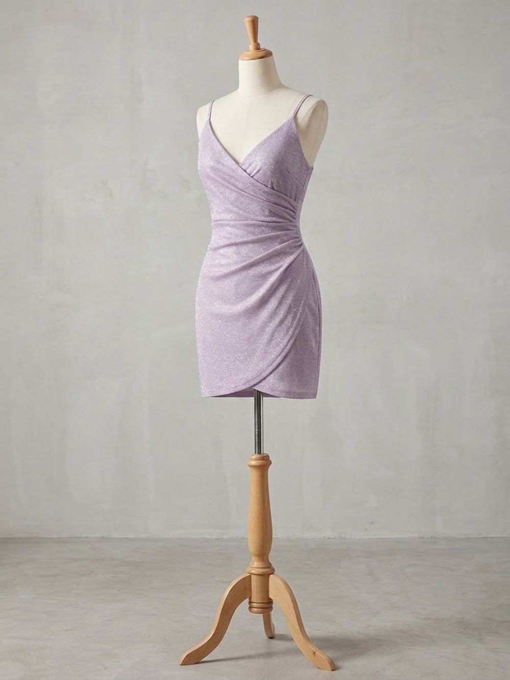 Crystal Doll Lavender Shimmer Wrap-Style Mini Dress